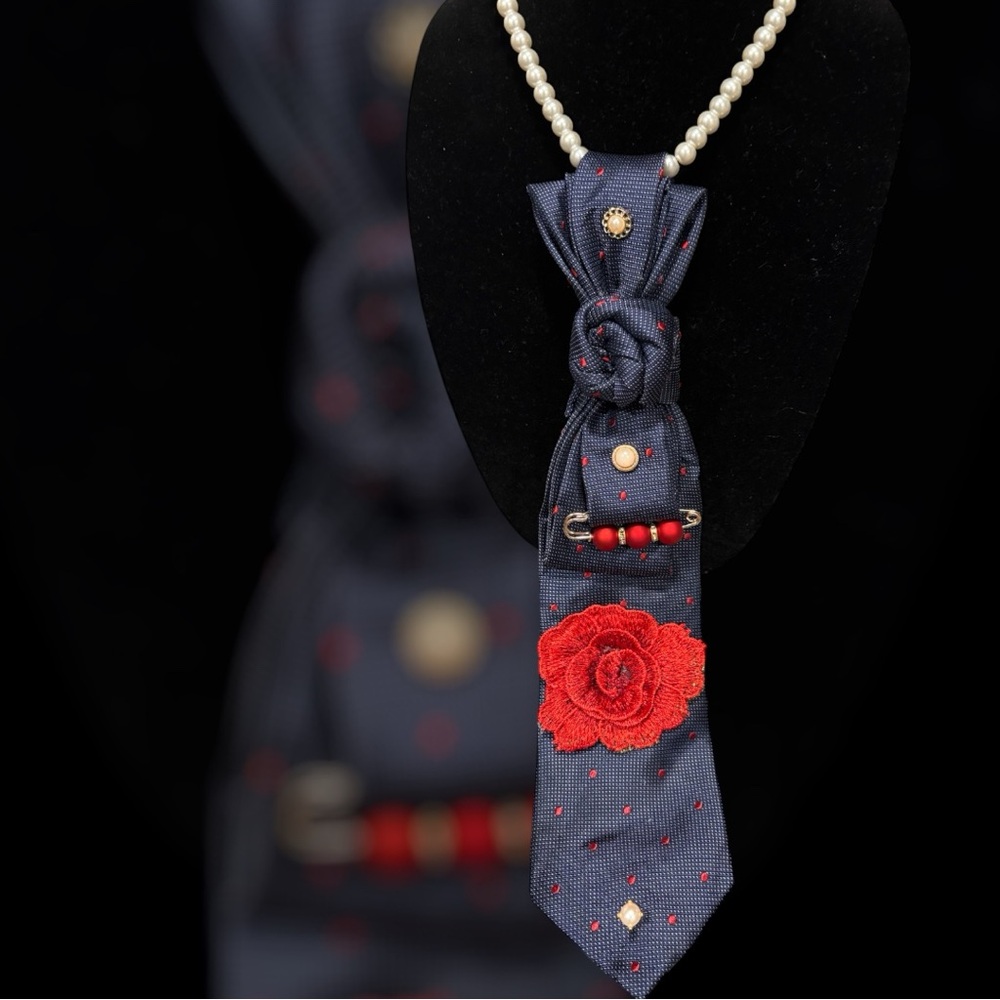 Michael Kors Navy Tie Necklace with Red Floral Accent